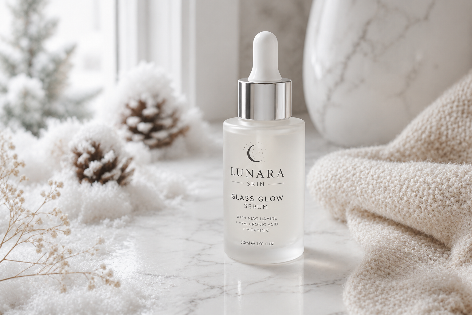 Lunara serum styled within a winter still life